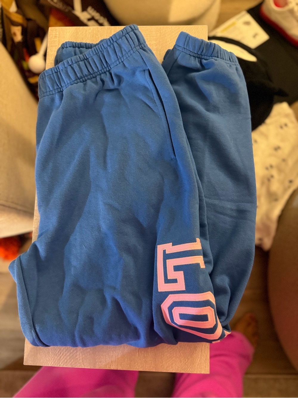 Blue pink brand Sweatpants with Pink Lettering